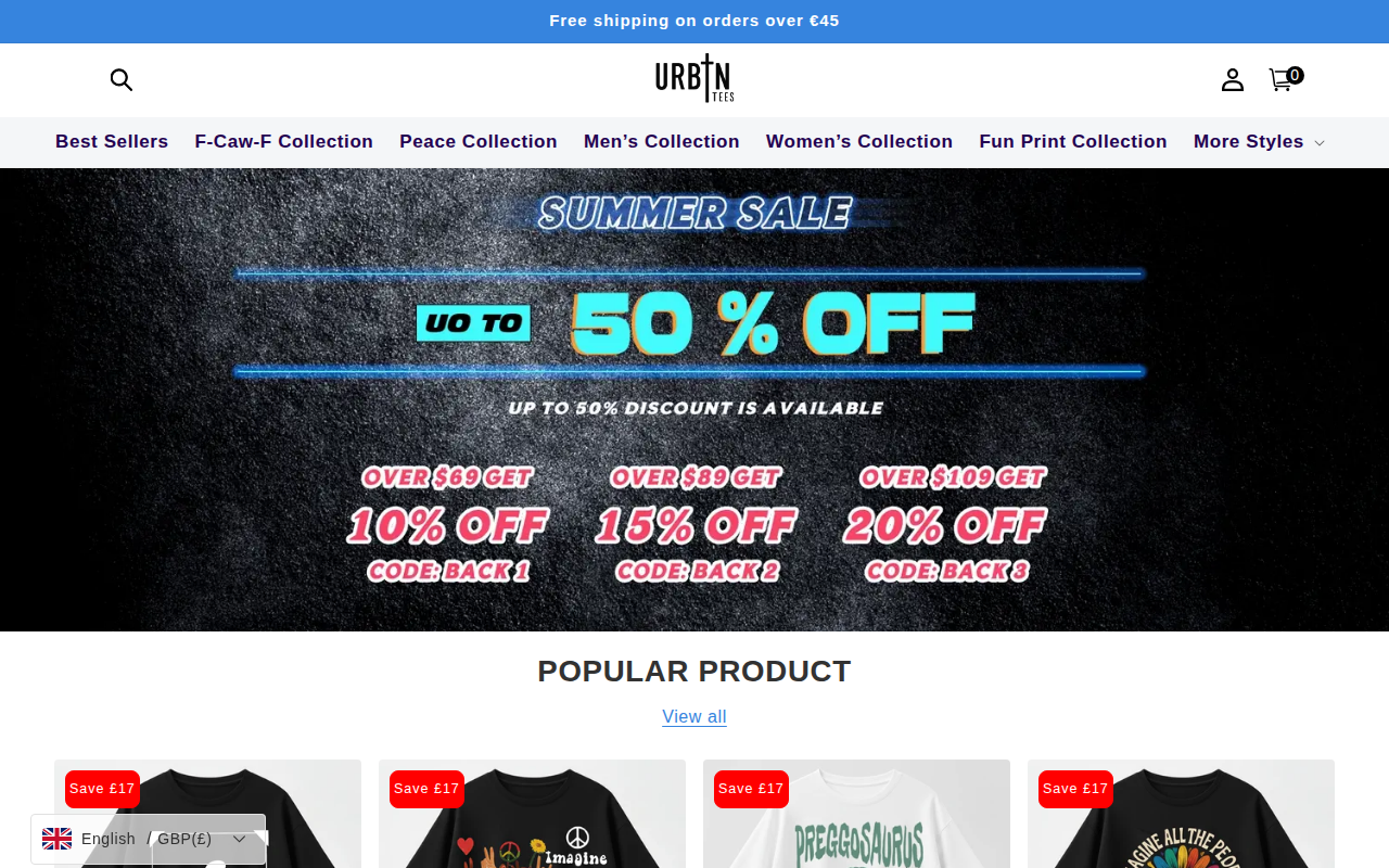 Screenshot van urbntees.com