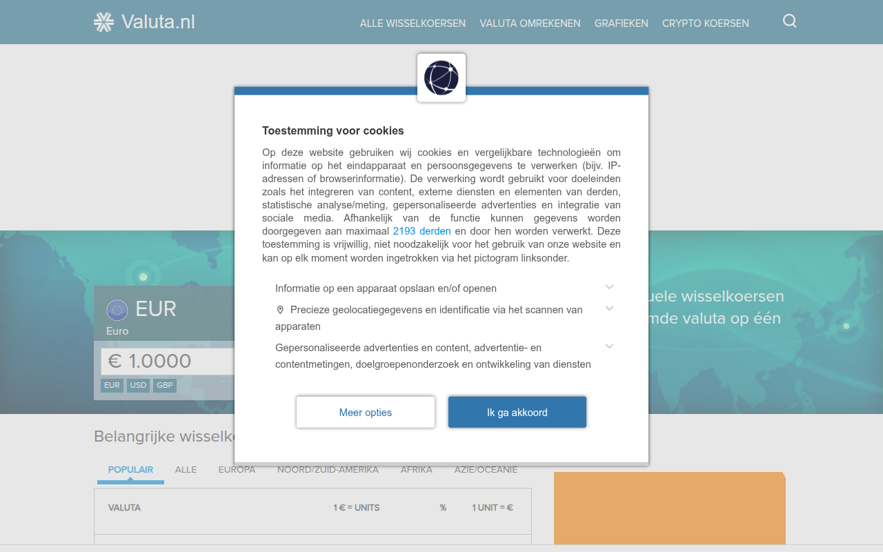 Screenshot van valuta.nl