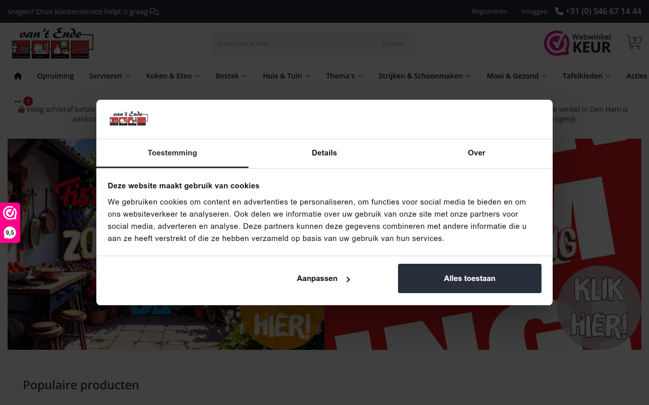 Screenshot van vantende.nl