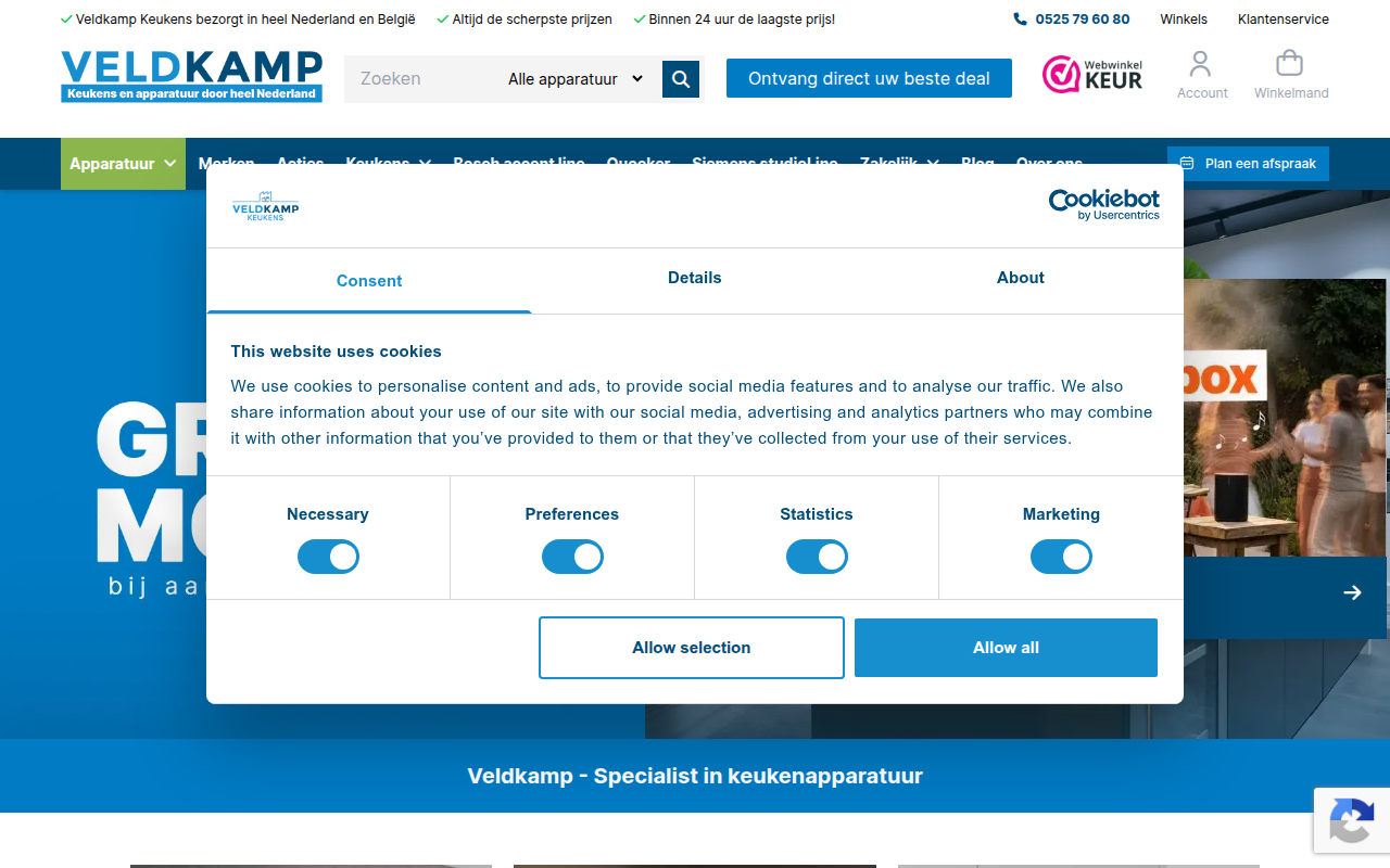 Screenshot van veldkampkeukens.nl