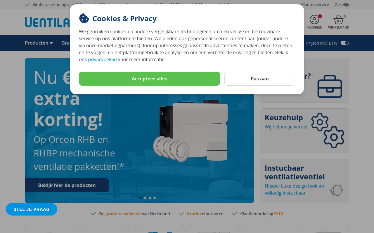 Screenshot van ventilatieland.nl
