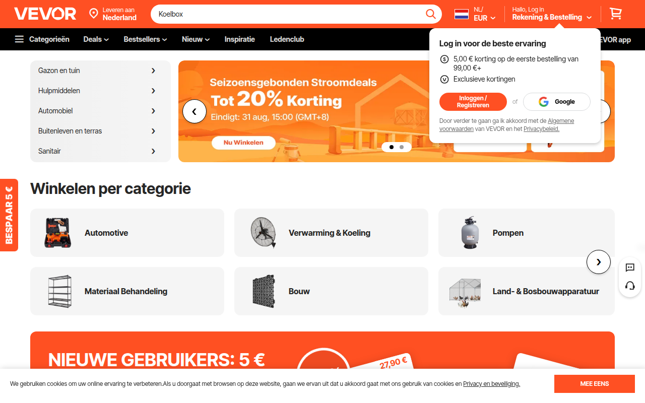 Screenshot van vevor.nl