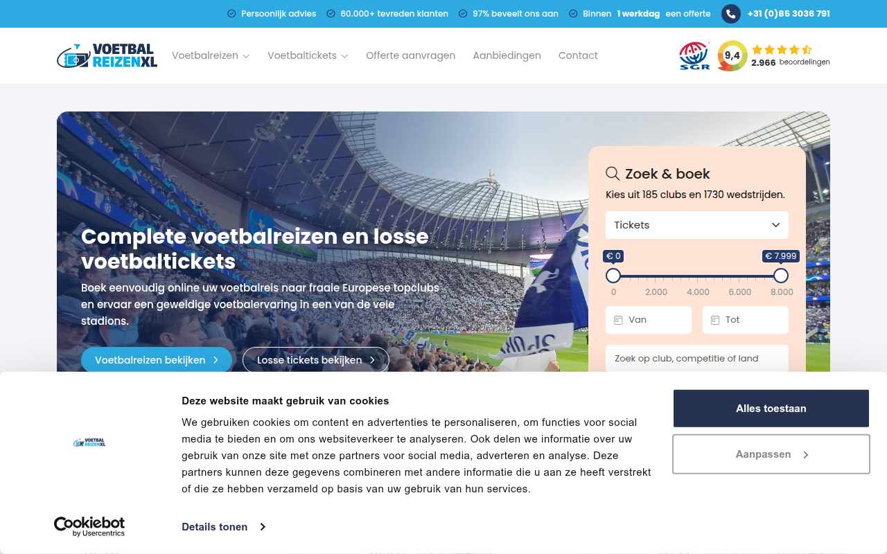Screenshot van voetbalreizenxl.nl