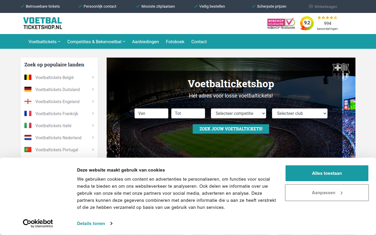 Screenshot van voetbalticketshop.nl
