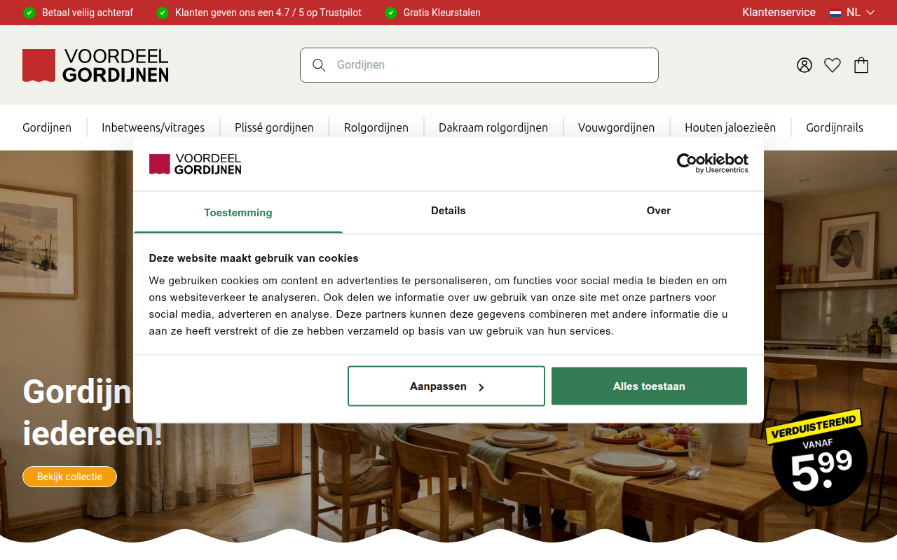 Screenshot van voordeelgordijnen.nl