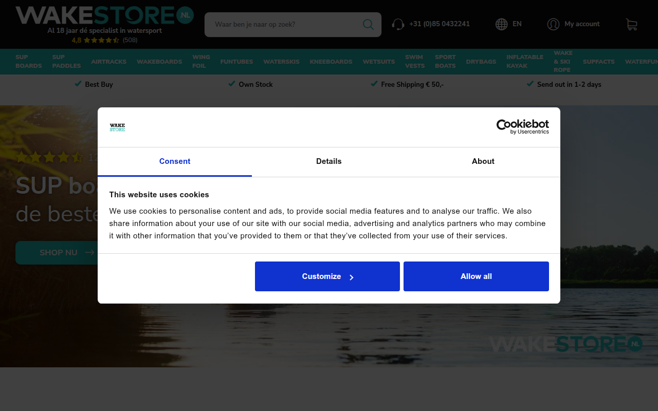 Screenshot van wakestore.nl