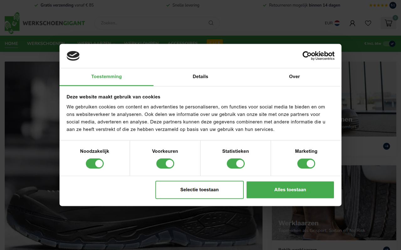 Screenshot van werkschoengigant.nl
