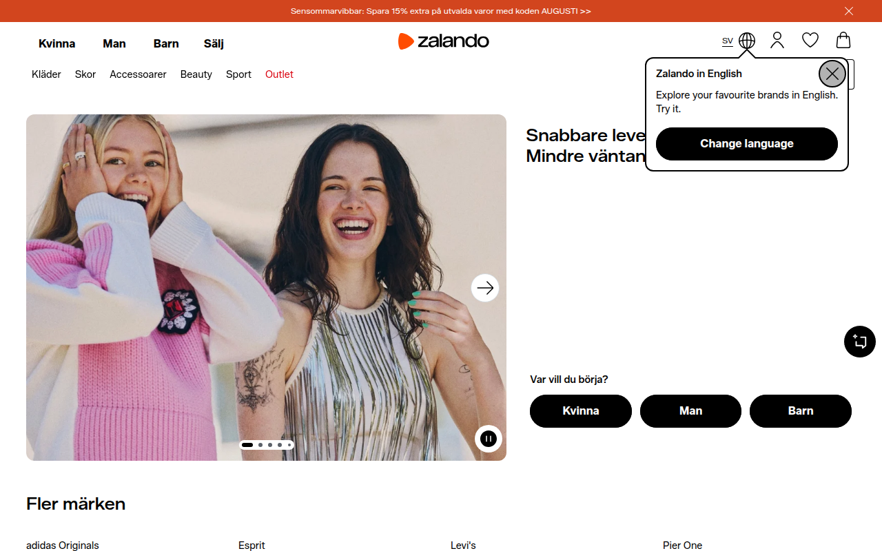 Screenshot van zalando.se