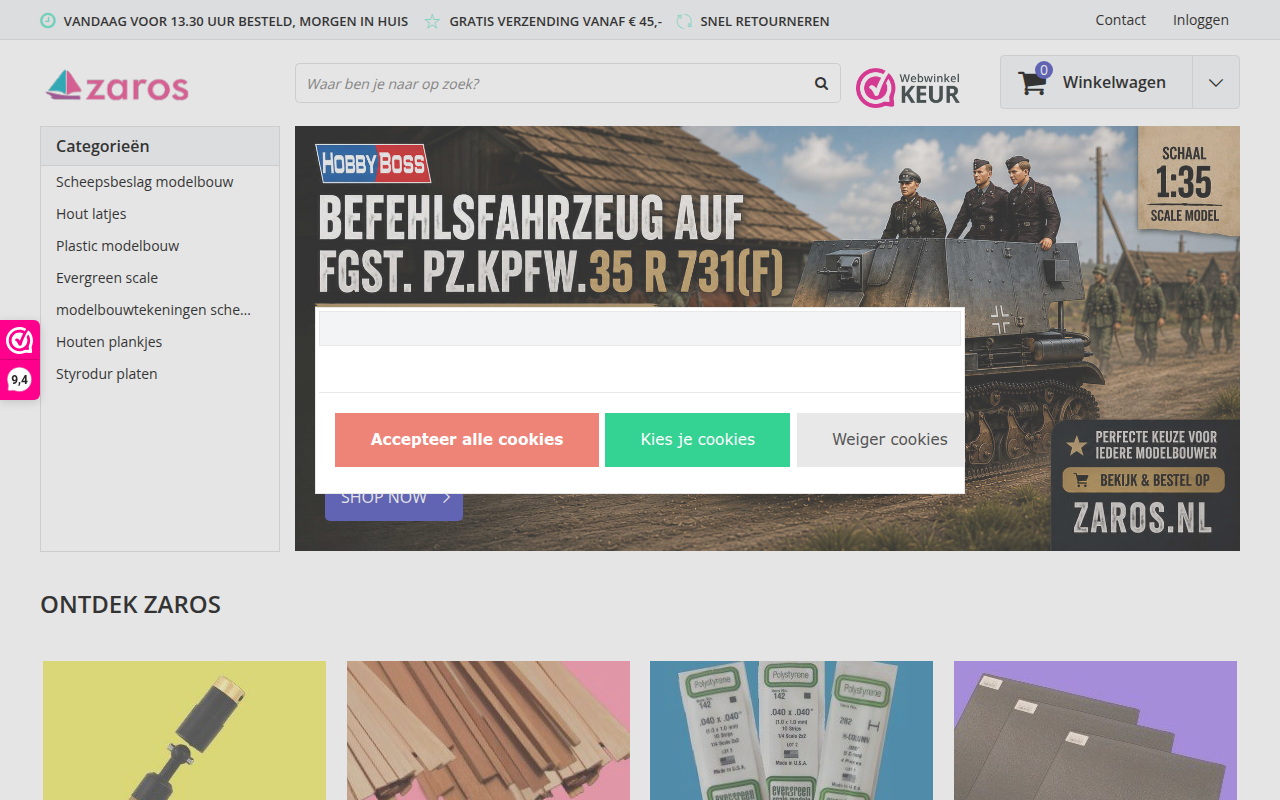 Screenshot van zaros.nl