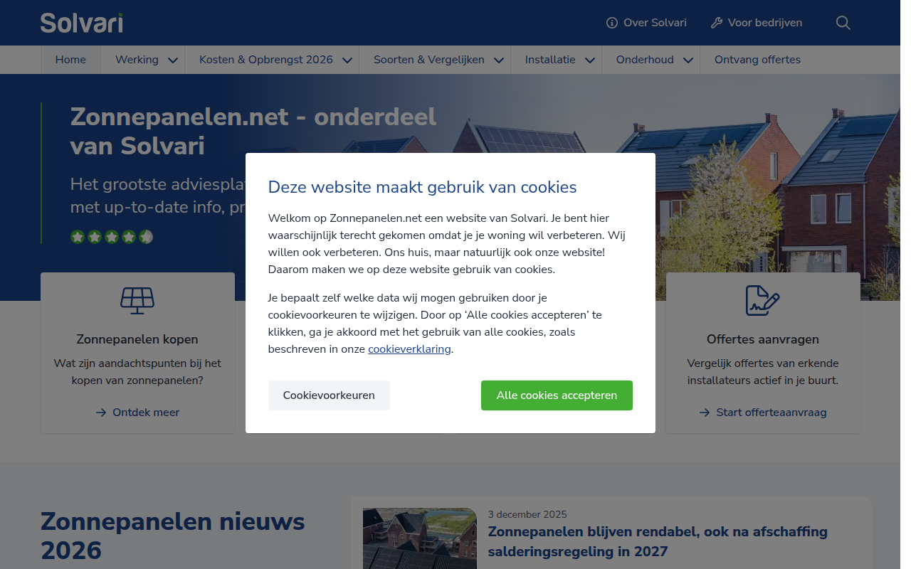 Screenshot van zonnepanelen.net