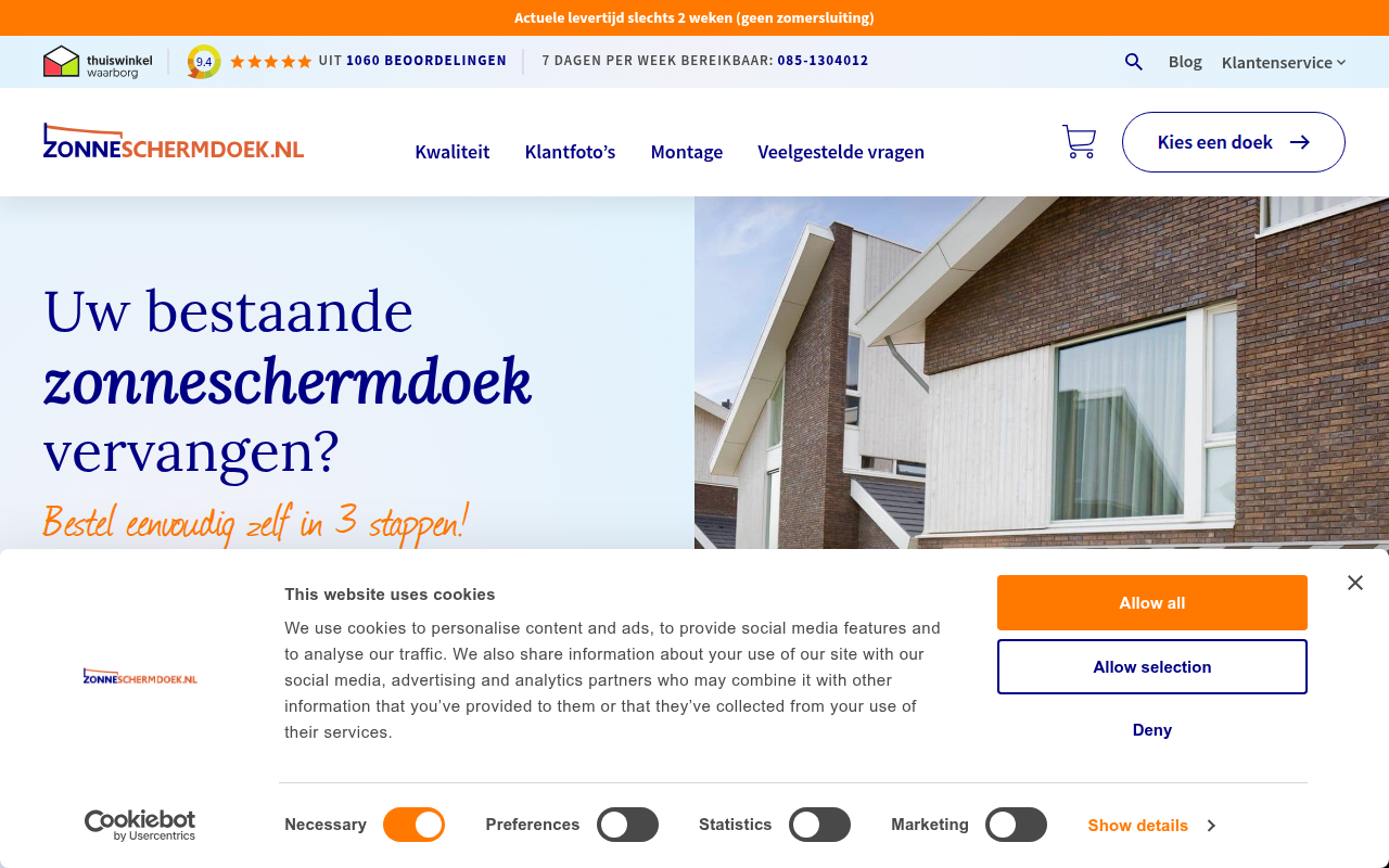 Screenshot van zonneschermdoek.nl