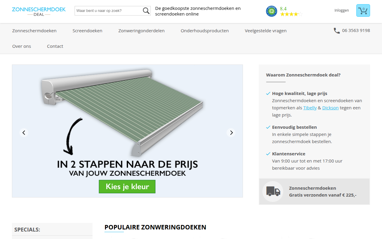 Screenshot van zonneschermdoekdeal.nl