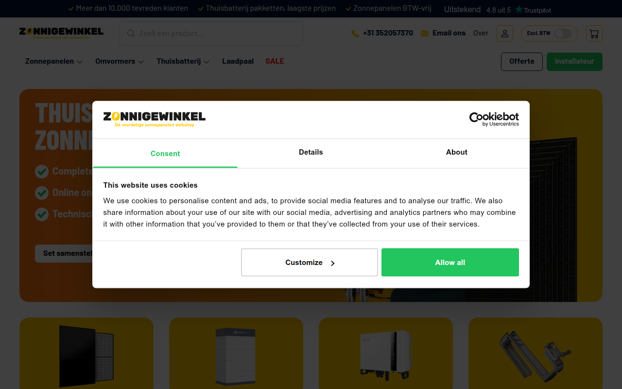 Screenshot van zonnigewinkel.nl