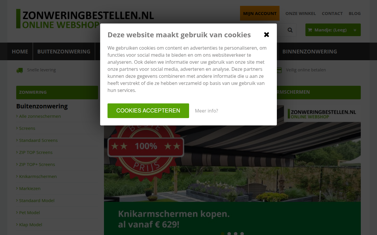 Screenshot van zonweringbestellen.nl