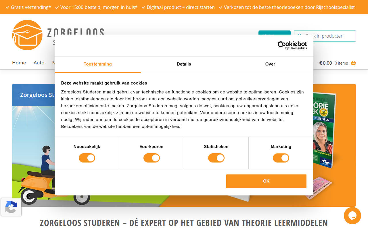 Screenshot van zorgeloos-studeren.nl