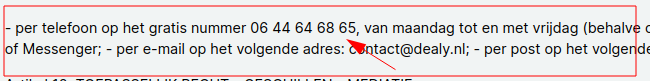 Telefoonnummer verstopt in voorwaarden zonder landnummer.