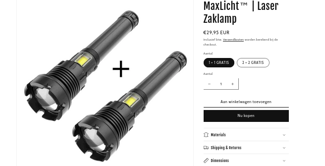 Product zoals aangeboden op webshop