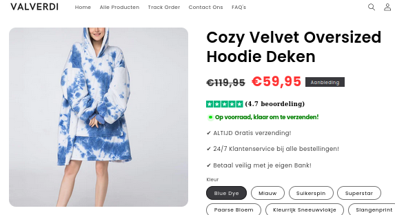 Product zoals aangeboden op webshop
