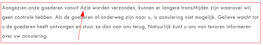 LET OP, retourneren (hoge kosten) naar Azië!