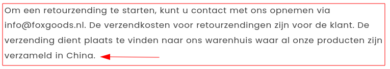 Verstopt in voorwaarden: retourneren naar China.