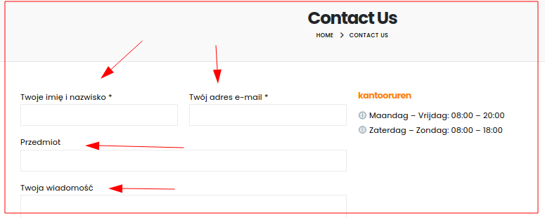 Contactformulier een mix van Pools(!) en Engels.