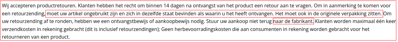 Lees goed, retourneren naar?