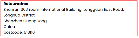 Het retoursadres in China