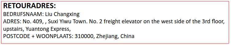 Het retoursadres / de leverancier.