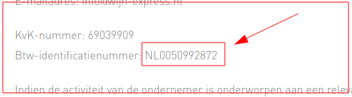 In voorwaarden getoonde BTW nummer.