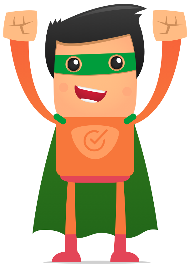 Afbeelding van een superheld met WebshopChecker logo op zijn cape