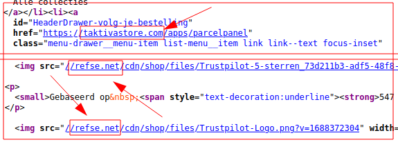 Verwijzingen in pagina broncode naar andere webshops.