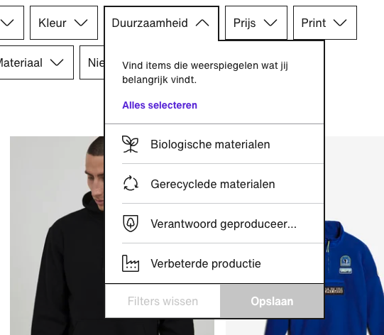 Screenshot van de website van Zalando met een zoekfilter voor duurzame producteigenschappen