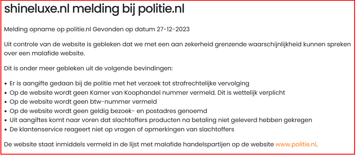 De politiemelding van Shineluxe.nl