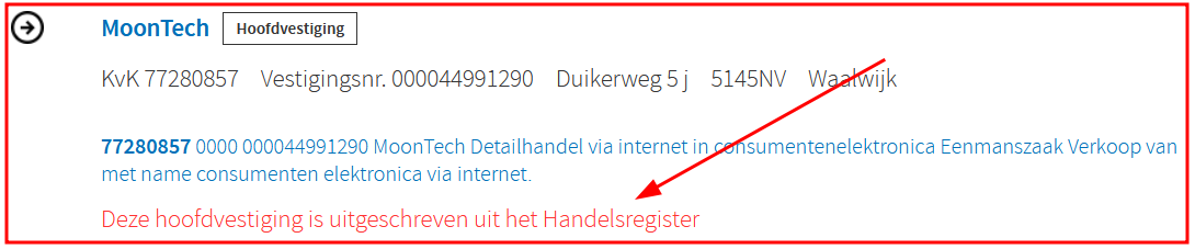 Getoonde nummer is uitgeschreven uit het handelsregister!