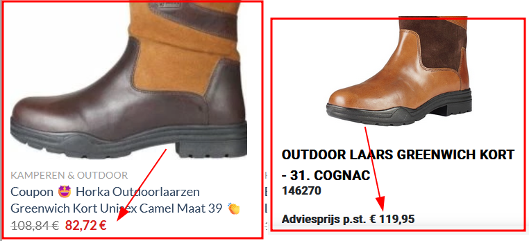 Links de webshop - rechts de goedkoopste "echte"die we vonden!