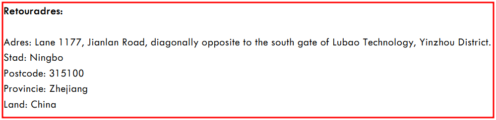 Leverancier / retoursadres