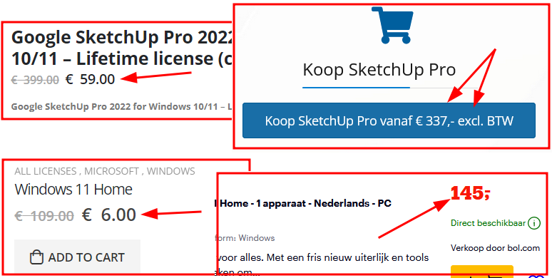 Links de webshop, rechts de normale / officiele prijzen!