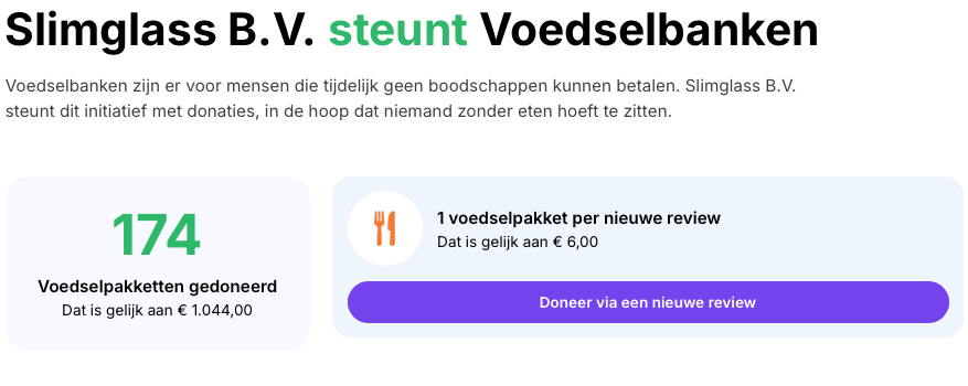 Pagina die laat zien dat Slimglass doneert aan de Voedselbank per geplaatste review